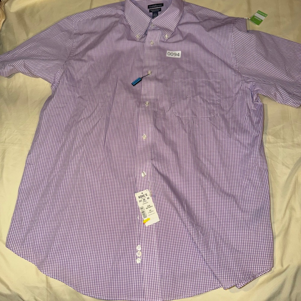 Croft & Barrow Mens L Purple Gingham Wrinkle Resistant Short Sleeve Shirt NWT